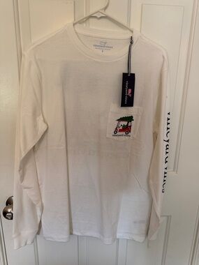 Vineyard Vines White Long-Sleeve Pocket Tee with Embroidered Golf Cart Christmas